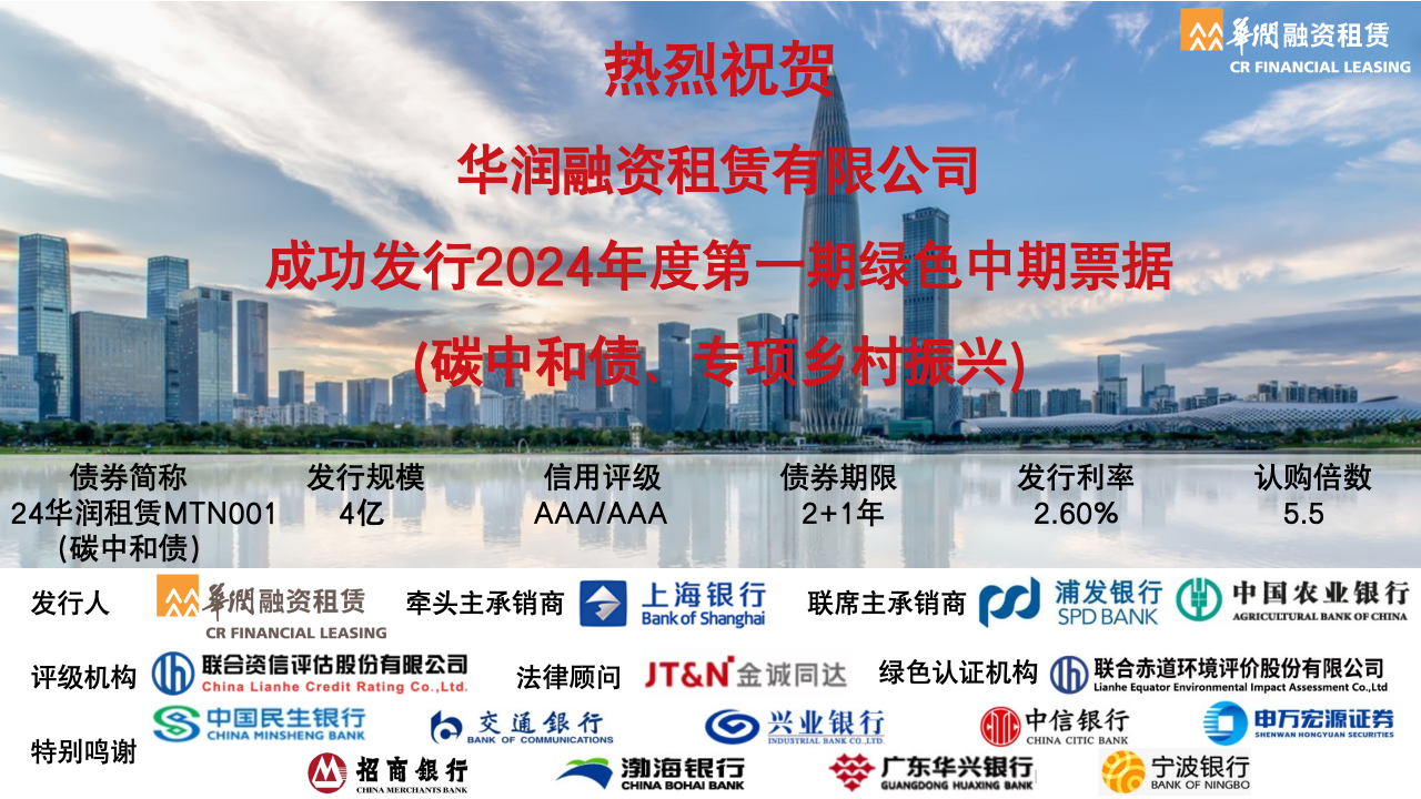 会员动态丨华润融资租赁有限公司2024年度第一期绿色中期票据(碳中和债、专项乡村振兴)发行成功