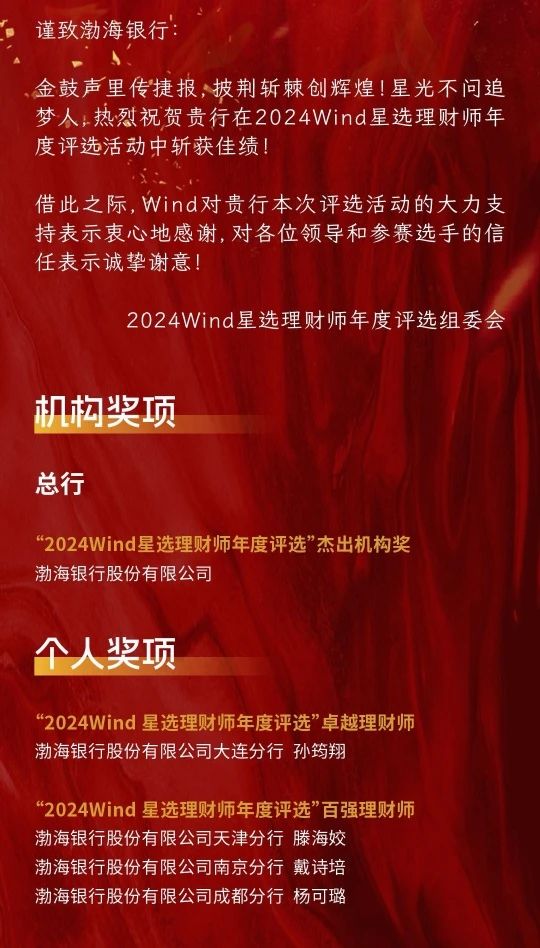 理事动态 | 渤海银行在“2024 Wind星选理财师年度评选”中再获佳绩